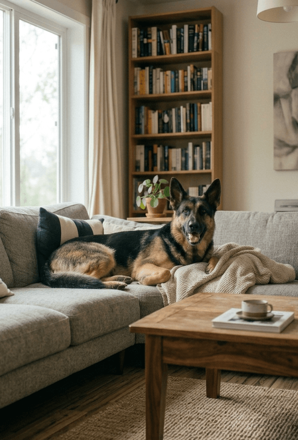 German shepherd relaxing on a couch at home