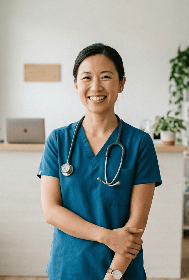Veterinarian Dr. Sarah Chen in a clinic, ready to help