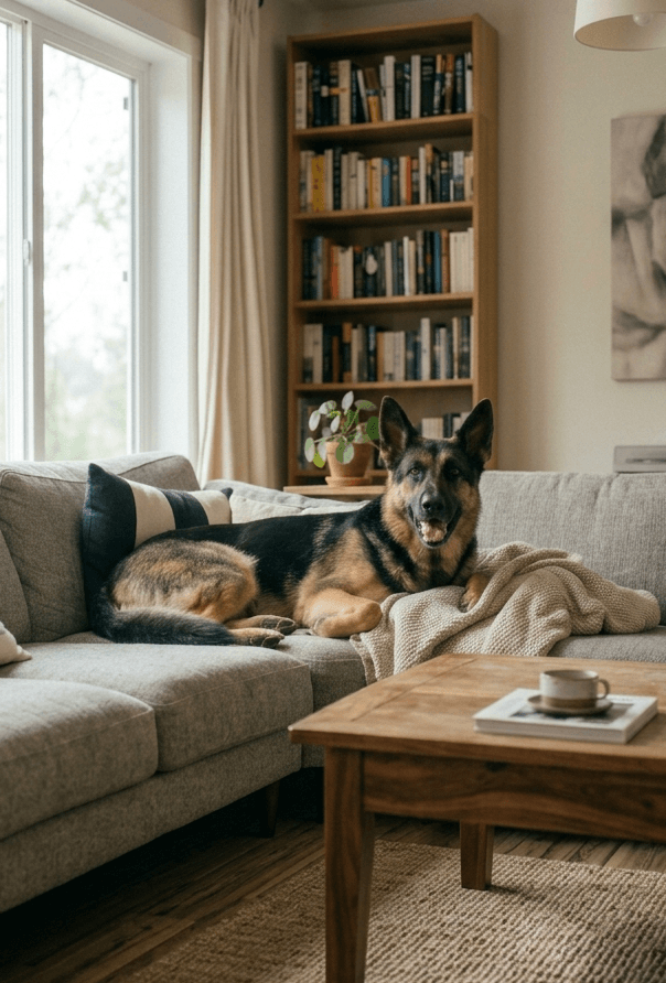German shepherd relaxing on a couch at home