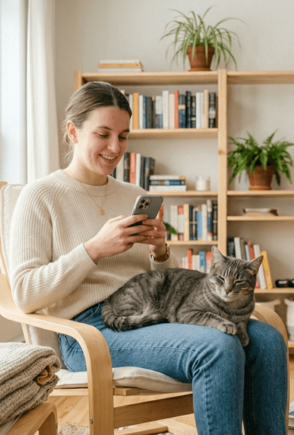 Woman checking her phone with a grey tabby cat resting on her lap