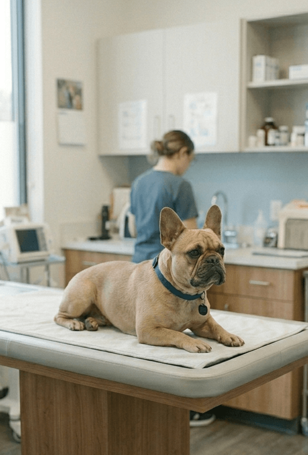 French bulldog sitting calmly on an exam table at a vet clinic